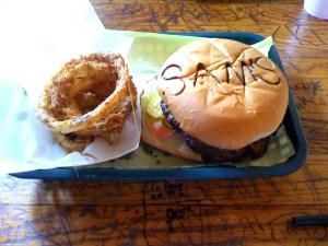 The Sam's burger with my "basket" of five onion rings