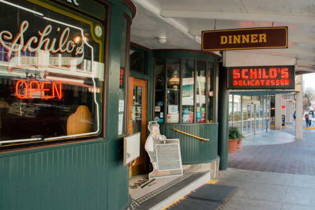 Outside Schilo's Deli. 