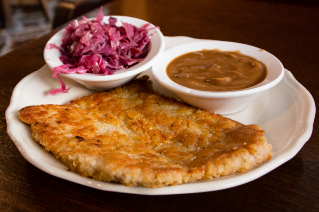 Wiener Schnitzel, gravy and red cabbage.